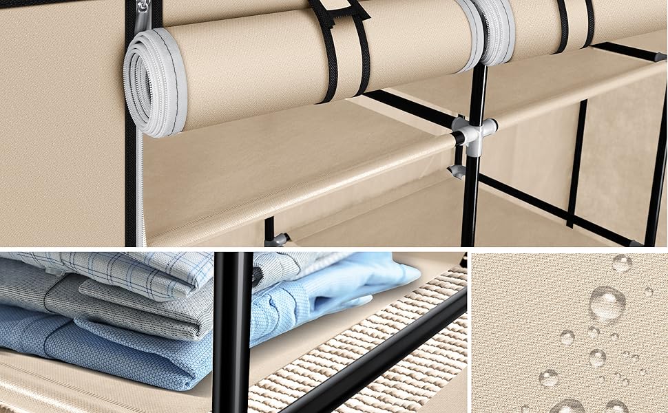 Тканинна шафа для одягу KESSER, з полицями та штангою, 150x45x175 см, бежевий, для спальні та гардеробу, з 5 вішалками