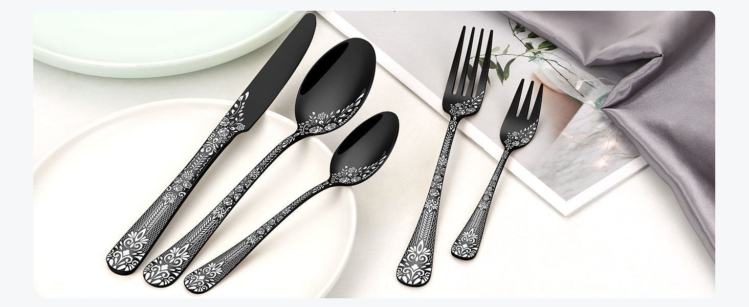Набір столових приборів HONKKU, 36 предметів, чорний, нержавіюча сталь, з набором ножів для стейка, для 6 осіб