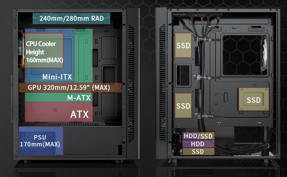 Комп'ютерний корпус MUSETEX ATX з 6 PWM ARGB вентиляторами, сітчаста передня панель, бокова панель з загартованого скла, USB 3.0 x 2, чорний, NN8
