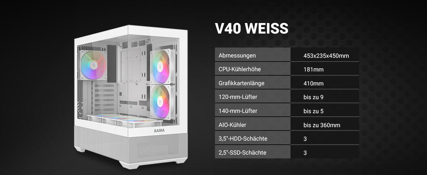 Корпус ПК SAMA V40 Mid-Tower ATX з 6 вентиляторами 120 мм ARGB PWM, подвійні панелі з загартованого скла, Dual Chamber, USB 3.1 Type-C, підтримка ATX/mATX/ITX GPU, білий колір