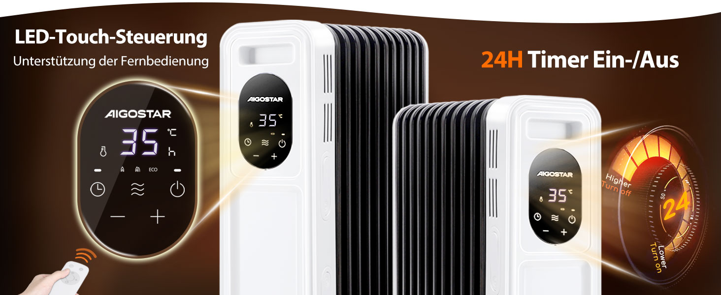 Електричний масляний радіатор Aigostar Snug 2500W з пультом керування, 13 ребер, термостат, 3 режими, ECO, таймер 24г, LED, захист від перекидання та перегріву