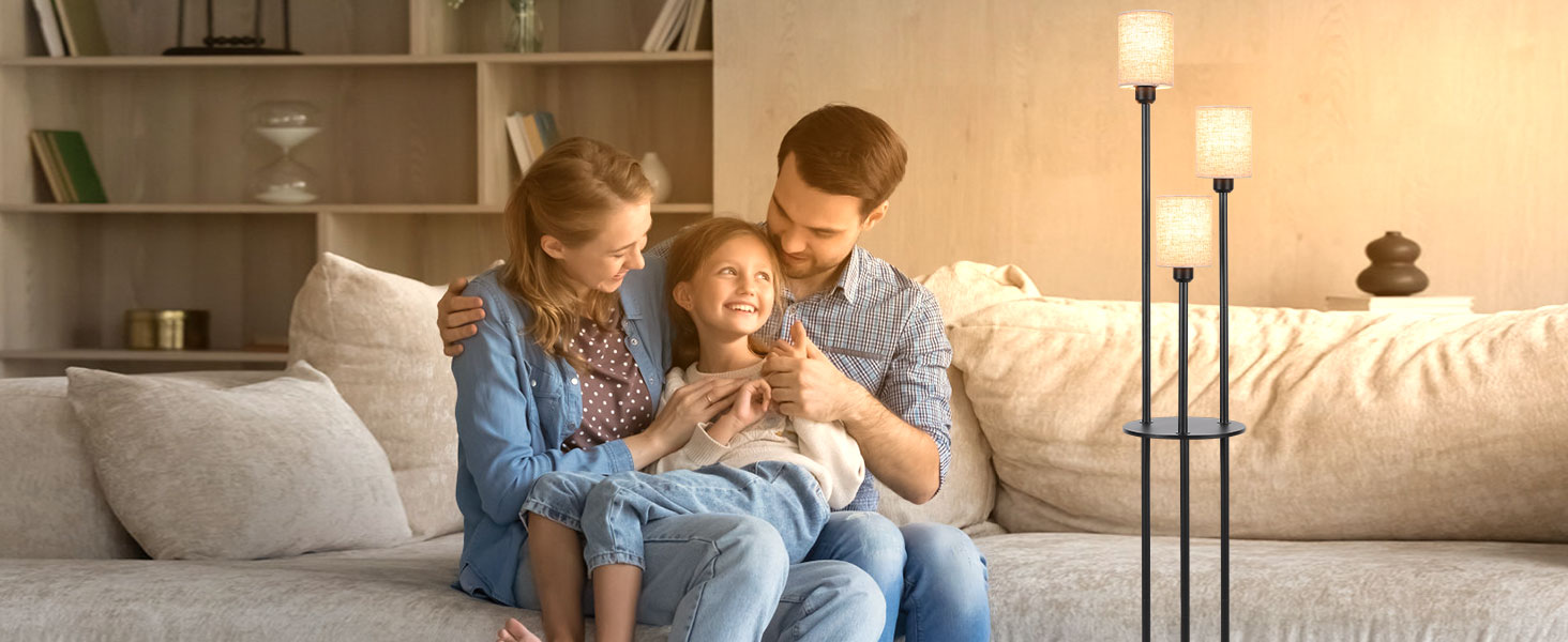 Стійка лампа Winverty для вітальні з полицею, 3 лампи, вінтажний стиль, чорний колір