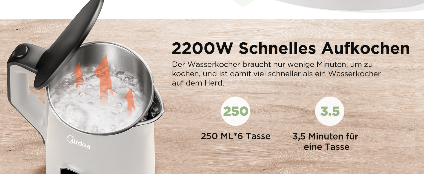 Midea 1.7L Electric Kettle - BPA Free, Fast Boil, LED Display, 360° Base, Dry Boil Protection