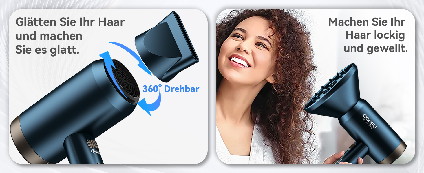 Іонізатор для волосся Föhn, 1800W, з насадкою-дифузором, 3 режими температури, безліч налаштувань швидкості, портативний фен (блакитний)