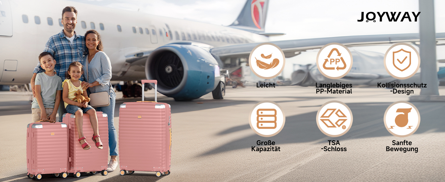 Набір валіз Joyway 3 шт. з жорстким корпусом, легкий PP, рожевий колір, з TSA замком та 4 колесами (20'+24'+28')