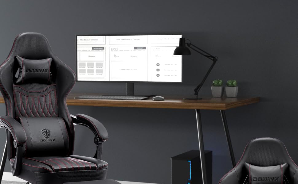 Ігровий крісло Dowinx з подушками з пір'я та функцією масажу, високий гоночний офісний стілець з регульованою поперековою підтримкою, ергономічний ПК стілець з підніжкою з PU шкіри (чорний)