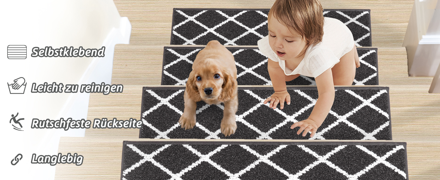Комплект килимків для сходів COSY HOMEER (15 шт.), 70 x 22 см, антиковзаючі, самоклеючі, машинне прання, 100% поліестер, TPE-підкладка, для дітей, літніх людей та домашніх тварин, чорно-білі