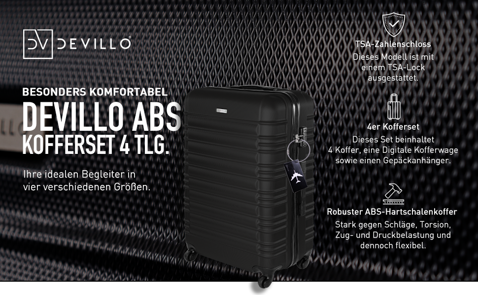 Набір валіз Devillo® Hartschalenkofferset 4шт. S-M-L-XL, чорний - жорсткий корпус, телескопічна ручка, коліщатка, замок, ABS-пластик