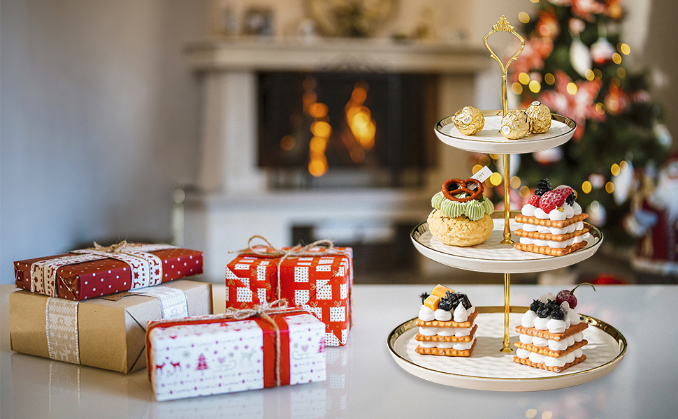 Керамічний підставка для тістечок з 3 ярусами, золоті акценти, для фруктів, десертів та декору столу (біла)