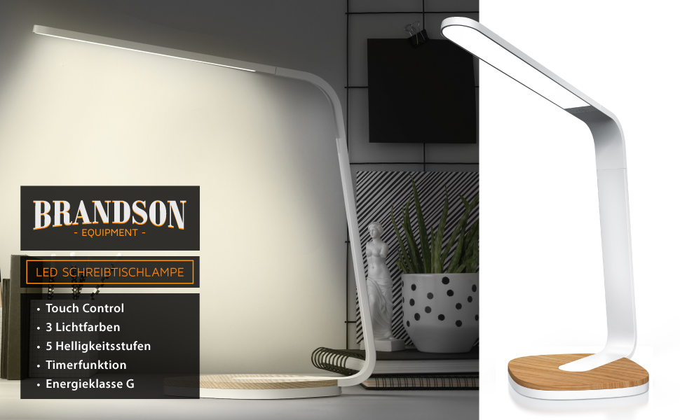 LED лампа настільна Brandson з деревом, регульована яскравість, 5 рівнів, 3 температури світла, для очей, 450 люмен, сенсорне управління, для офісу, читання, навчання, біла