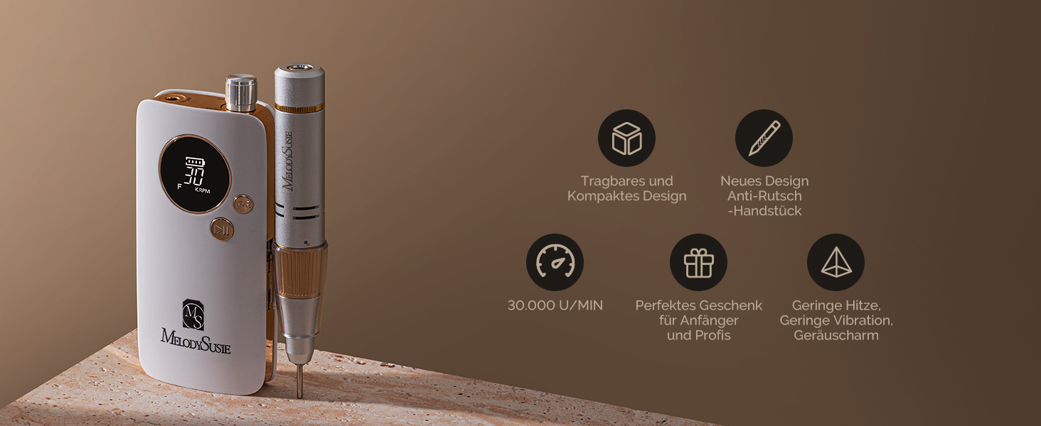 Електрична фрезер для нігтів MelodySusie SC320F – професійний бездротовий апарат для манікюру, 30000 обертів, для акрилу, гелю, полірування та видалення, набір для салону та дому (білий/золотий)
