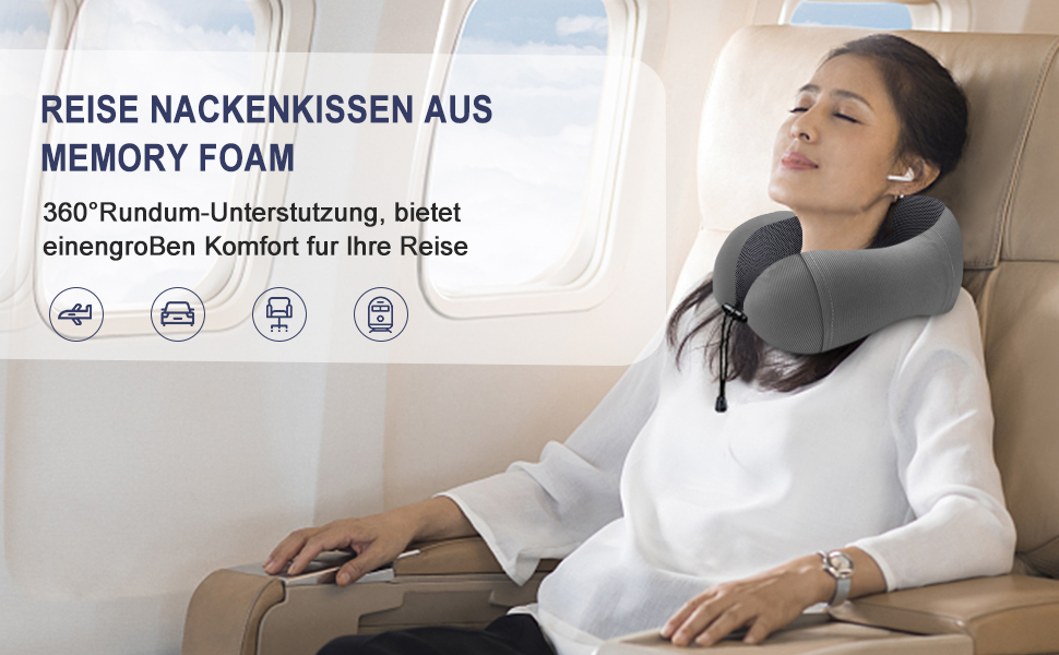Подушка для шиї у подорожах: м'яка піна пам'яті, бавовна, U-подібна форма, з чохлом, для автомобіля, літака, офісу (сіра)