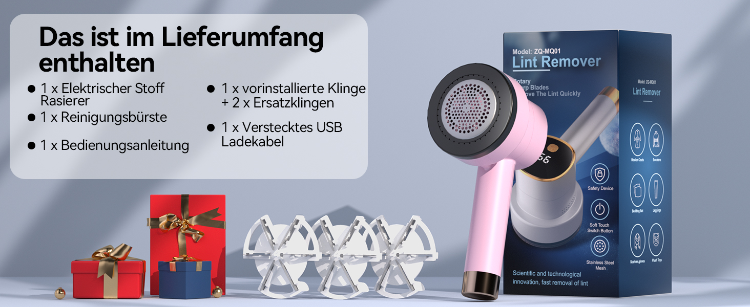 Електричний видалення ворсу з LED-дисплеєм - 6 лез з нержавіючої сталі, 3 швидкості, USB-зарядка. Підходить для одягу, светрів, ворсу на диванах та постільній білизні (білий, рожевий)
