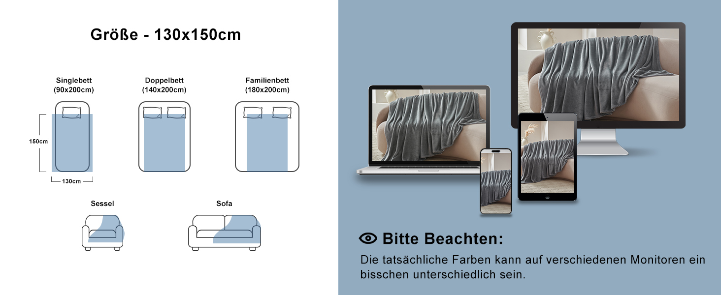 CozyLux Деки для дивану: м'яка флісова ковдра 150x200 см для всіх сезонів. Тепла, легка, для софи, ліжка, дивана. Сірий колір.