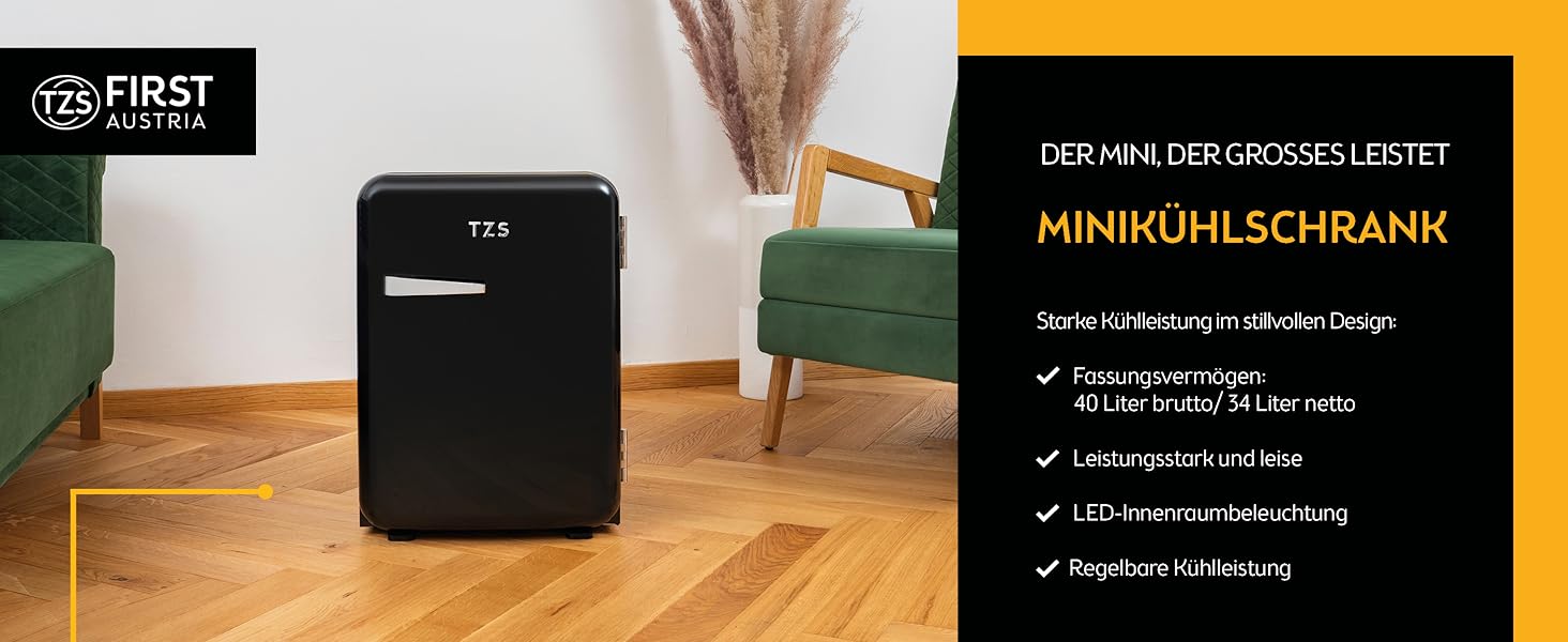 Міні-холодильник TZS First Austria 40L, безшумний, ретро-дизайн, регулювання температури, LED-підсвітка, 2 полиці на дверях + 6 регульованих, чорний