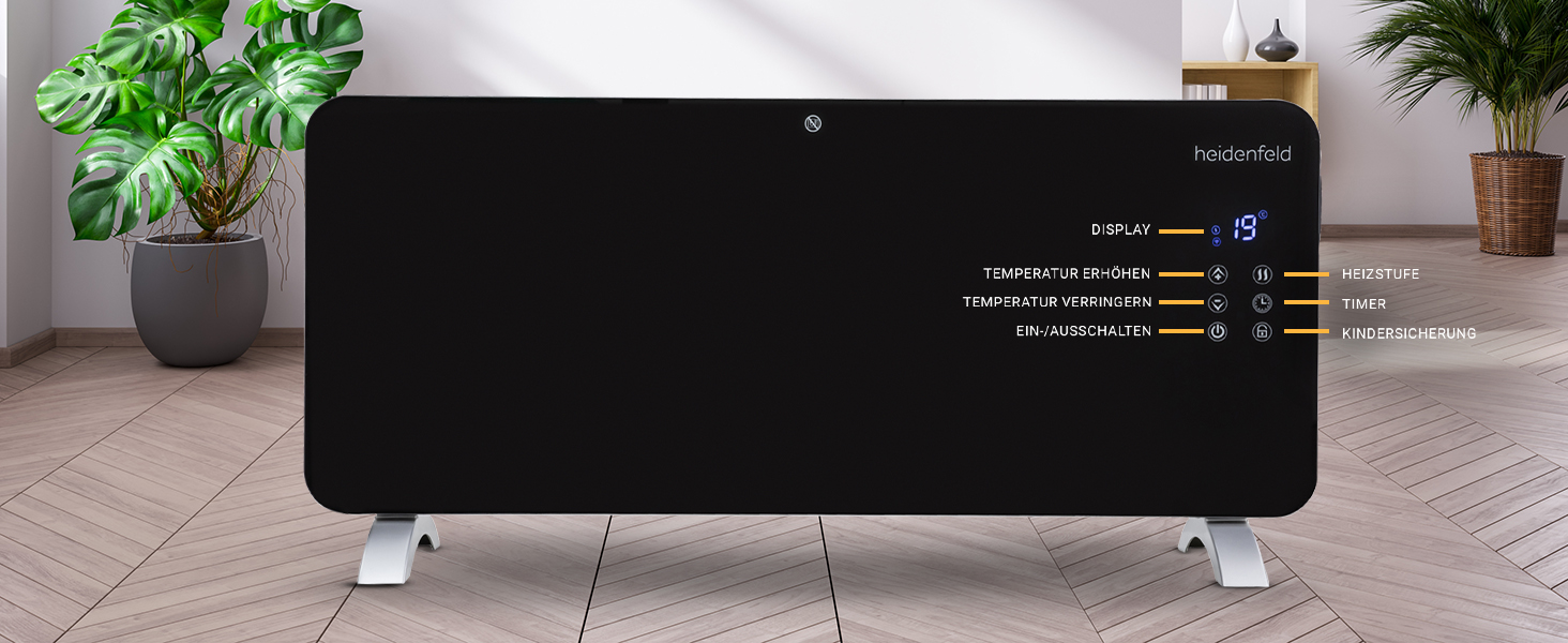 Конвектор опалення Heidenfeld GK200: скляний нагрівач 2000 Вт, гарантія 3 роки, до 40 м²