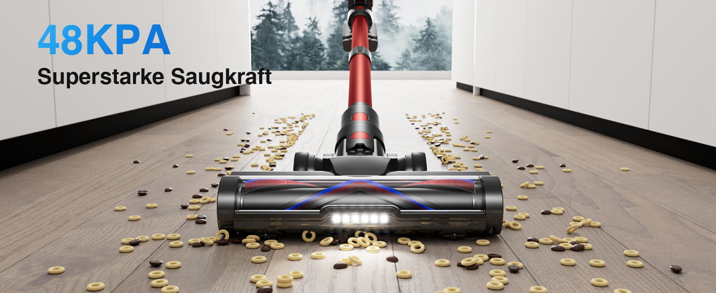 Бездротовий акумуляторний пилосос 45000Pa/550W/65хв, об'єм 1,6л з дисплеєм, антизаплутана щітка, самостійна парковка, док-станція на стіні, 8-шарова фільтрація, тихий, для шерсті тварин/килимів/твердих поверхонь/автомобіля (червоний)