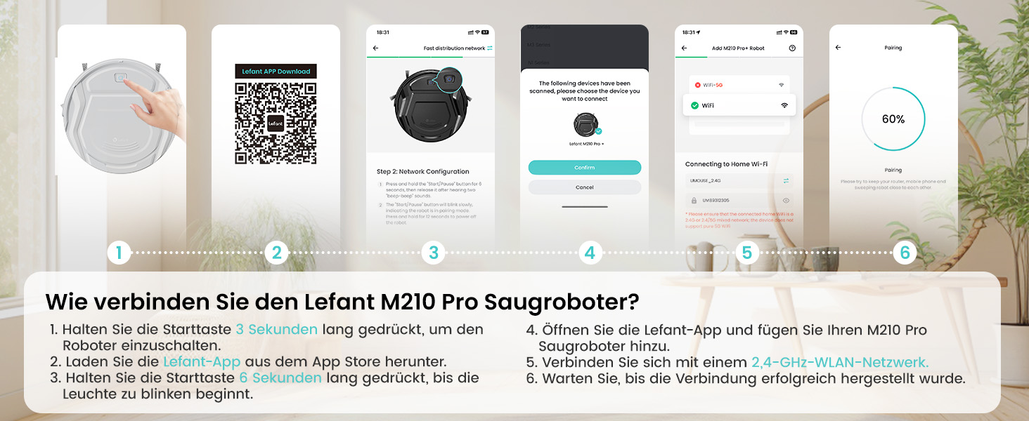 Робот-пилосос LEFANT M210P: потужність 2200 Pa, Wi-Fi, Bluetooth, керування через додаток, 6 режимів, автоматична зарядка, ідеальний для шерсті тварин та твердих підлог