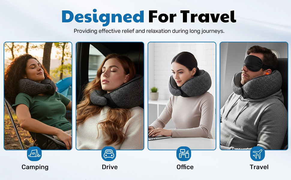 Подушка для шиї у літак, подушка для подорожей, з навушниками та маскою для очей, сіра