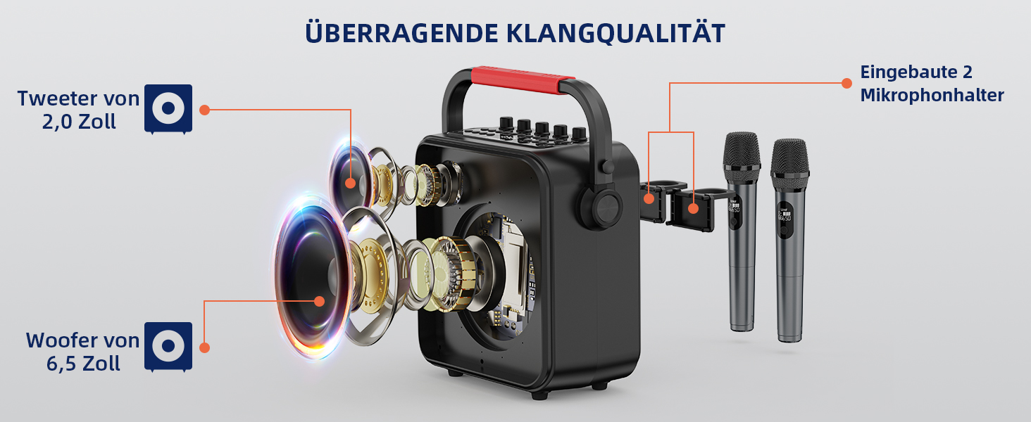 Караоке Машина з 2 мікрофонами, Bluetooth, PA Система з FM, USB, TF, AUX, Ехо, Регулювання Bass/Treble, Чорний