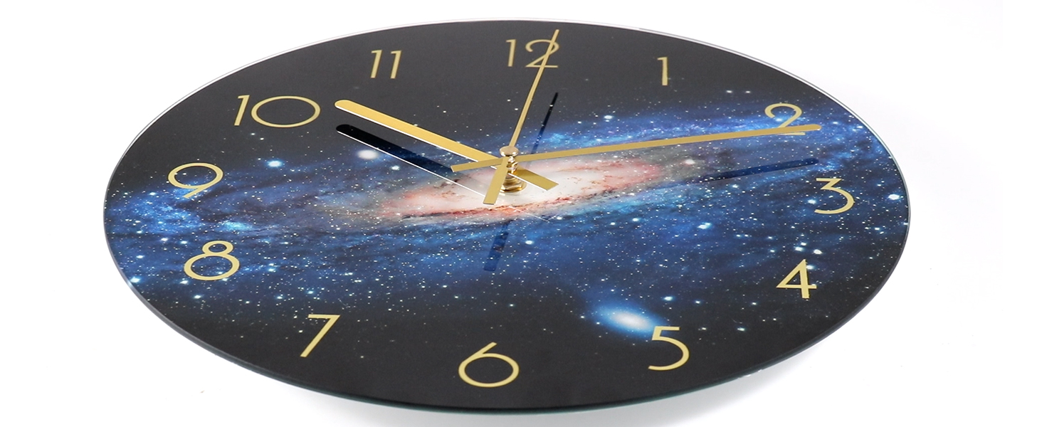VIKMARI Glass Wall Clock Silent-Non Ticking Wand Clocks - Quality Quartz Battery-Operated Round 12 Inch (Night Sky Pattern)