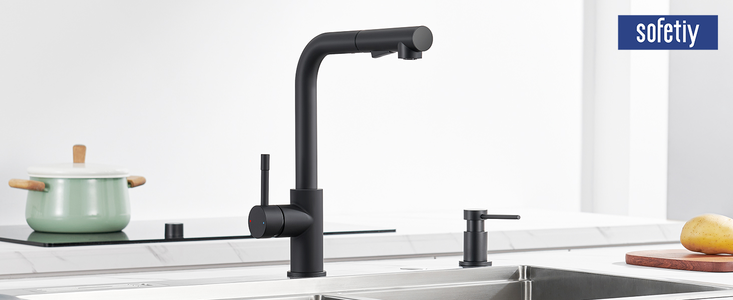 Змішувач кухонний висувний Sofetiy з душем, нержавіюча сталь, чорний, 360°