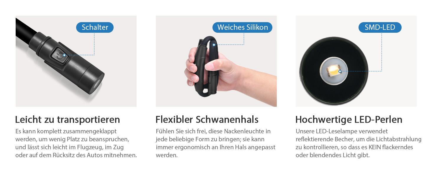 Настільна лампа LUXJET на шиї, LED, акумуляторна, 3 кольори, регулювання яскравості, для читання, рукоділля, ремонту, чорна, 3 режими (3000K-6000K)