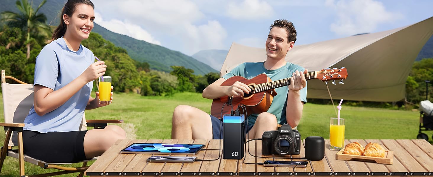 Powerbank 60000mAh 22,5W PD з USB-C, чорний: зовнішній акумулятор з 5 виходами та 2 входами, сумісний з iPhone, iPad, Samsung