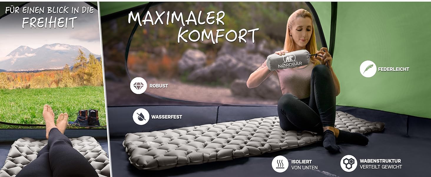 Nordbär Inflatable Camping Sleeping Pad - Ultralight & Compact | Air Mattress for Camping, Outdoor Use & Tent | Grey Sleeping Pad with or without Pillow