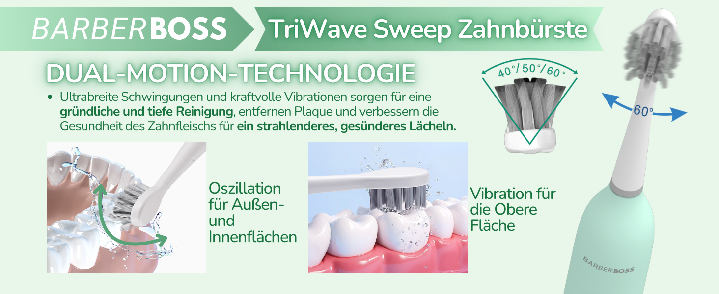 Електрична зубна щітка BarberBoss для дорослих QR-7537 (М'ята) – осцилююча, звукова технологія, 6 насадок, таймер, кейс