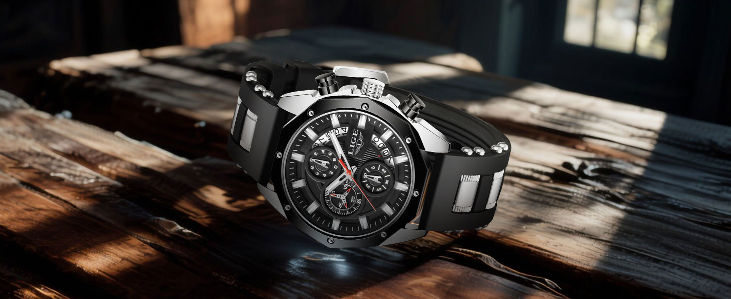 Годинник чоловічий LIGE з датою, кварцовий, аналоговий, водонепроникний, ретро-дизайн, хронограф, чорний силіконовий ремінець, вінтажний годинник, подарунок для чоловіків
