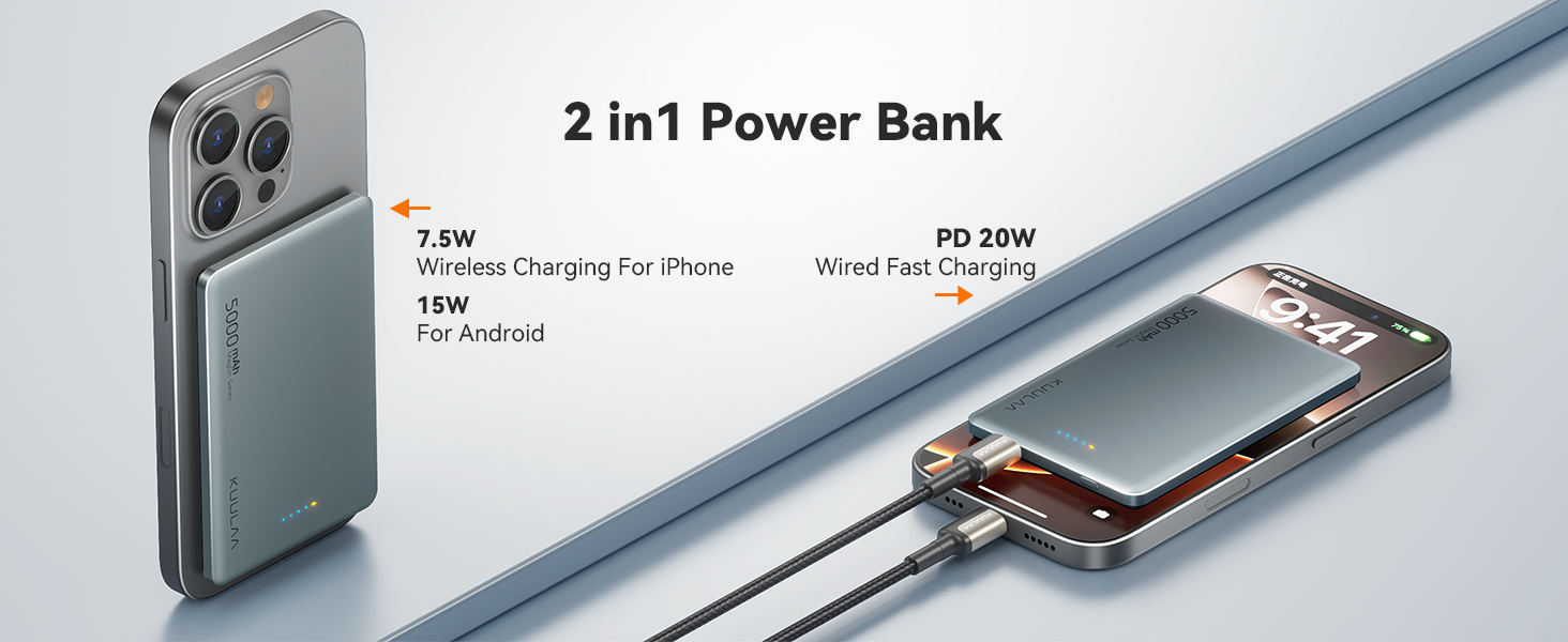 Powerbank Kuulaa Magsafe 5000mAh PD 20W, Slim, 8mm, Бездротовий, для iPhone 15/14/13/12, Темно-сірий