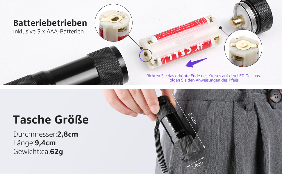 LED ультрафіолетова ліхтар з 9 світлодіодів, міні UV лампа з довжиною хвилі 395nm для геокешингу, детектування сечі домашніх тварин, тощо. В комплекті 6 батарейок AAA (2 шт.)