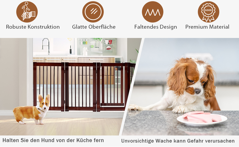 Захисний бар'єр для собак COSTWAY 76 см, 4 панелі, дерев'яний з хвірткою, для дому, дитячий, складний, коричневий