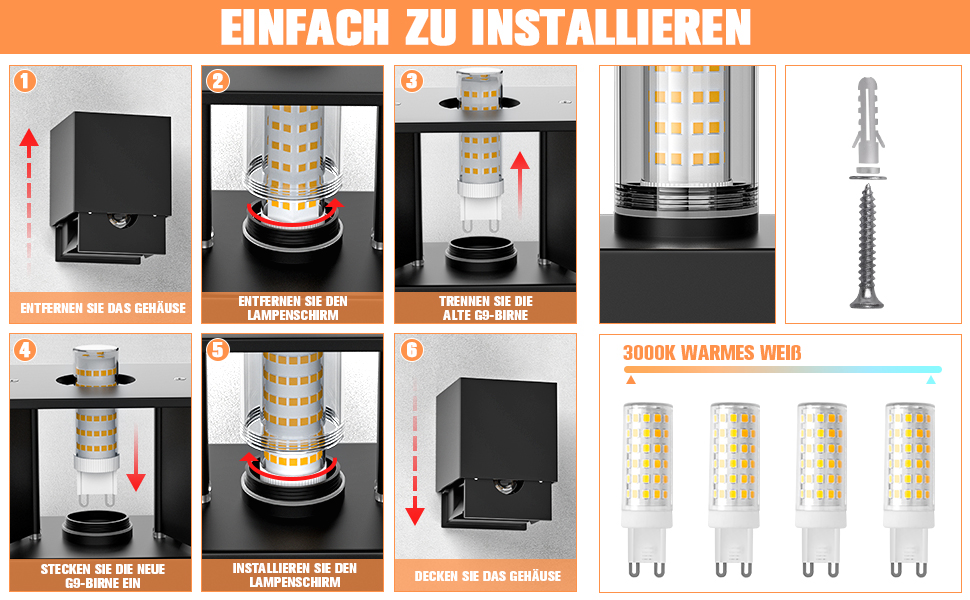 Настінні світильники YrgePowk 2 шт. з LED лампочками G9, IP65, 3000K, регульований кут освітлення, чорний
