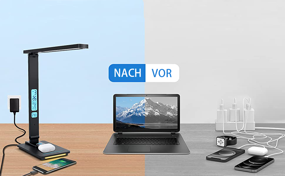 Світлодіодна лампа настільна з регулюванням яскравості та функцією зарядки, годинник - нічник з бездротовим зарядним пристроєм 10W, USB-порт, складний дизайн, сенсорне керування 5 рівнів, 3 режими Tx223black-eu