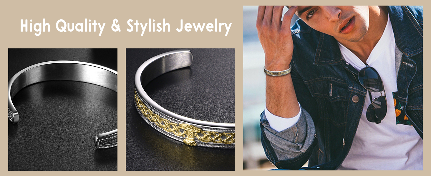 Чоловічий браслет JewelryWe з нержавіючої сталі з вовком, плетіння, стиль вікінг/байкер, відкритий браслет, срібло/золото/чорний, еластичний, набір 2 шт. (Молот Тора)