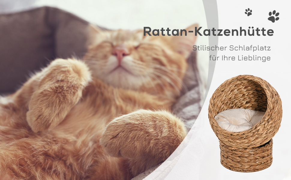 Котячий будиночок PawHut з водяної гіацинти, з подушкою, коричневий, 42x33x52 см – кошик-лежак для котів