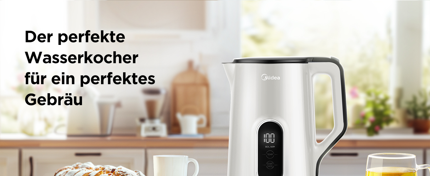 Midea 1.7L Electric Kettle - BPA Free, Fast Boil, LED Display, 360° Base, Dry Boil Protection