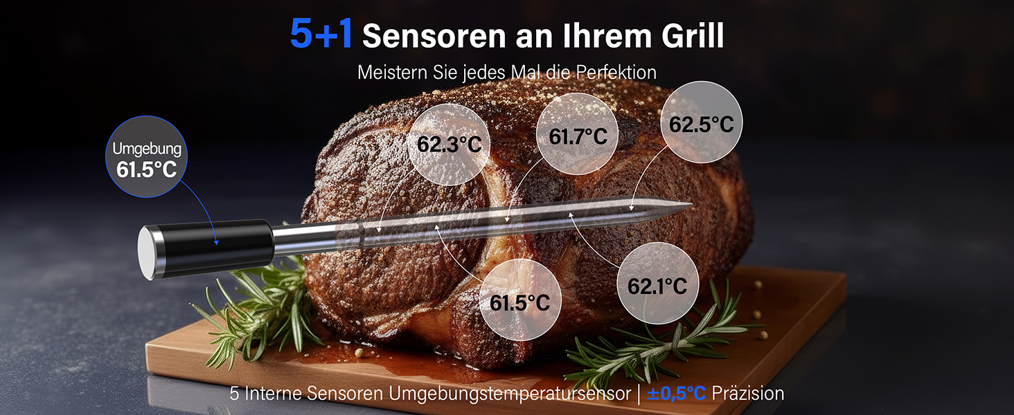 Термометр для гриля та духовки BFOUR WiFi Bluetooth з 6 датчиками, IP67, 2600mAh, керування через додаток