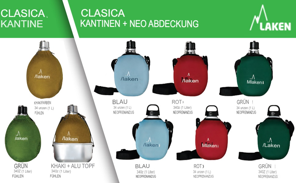 LAKEN Aluminum Water Bottle with Neoprene Sleeve (1 l, Green, Red, Blue), for Hanging, ideal for Sports, Mountains, and Military