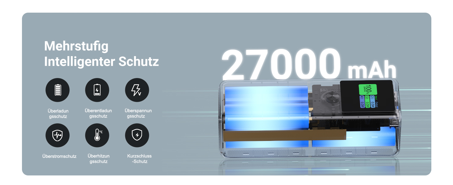 Power Bank VAFOTON 27000mAh 140W з 3 портами, цифровим дисплеєм та USB-C кабелем (Чорний)