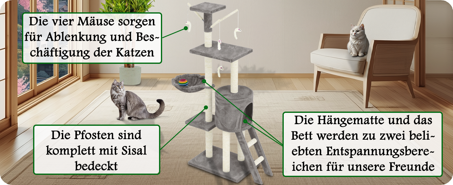 Дряпак для котів Beltom® Kratzbaum 140 см, ігровий комплекс, сірий