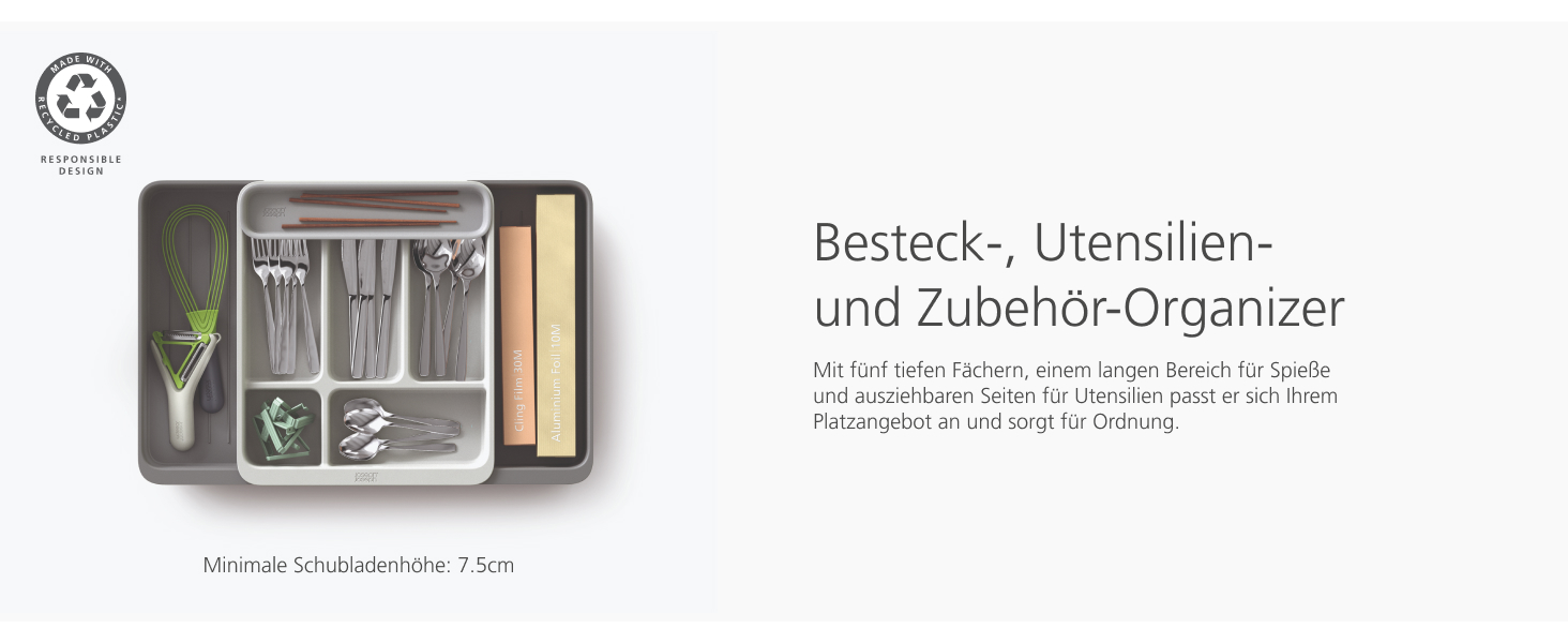 Органайзер для столових приборів Joseph Joseph DrawerStore з ніжницями, розширюваний, з переробленого пластику, компактний