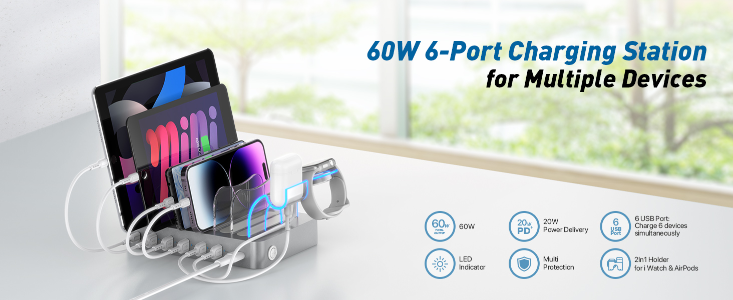 Зарядна станція SooPii USB 60W/12A з 6 портами, органайзер для декількох пристроїв з тримачем для Apple Watch, 6 кабелів в комплекті (срібло)