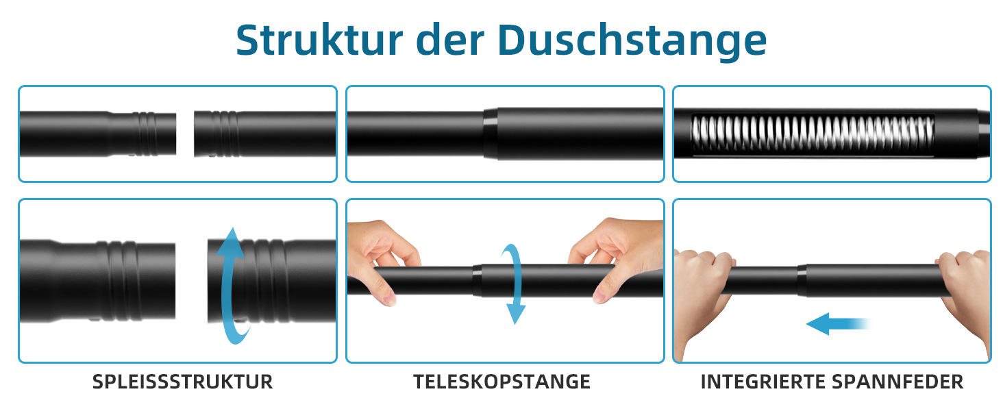 Штанга для душу без свердління з нержавіючої сталі, телескопічна, регульована 70-195 см, чорна