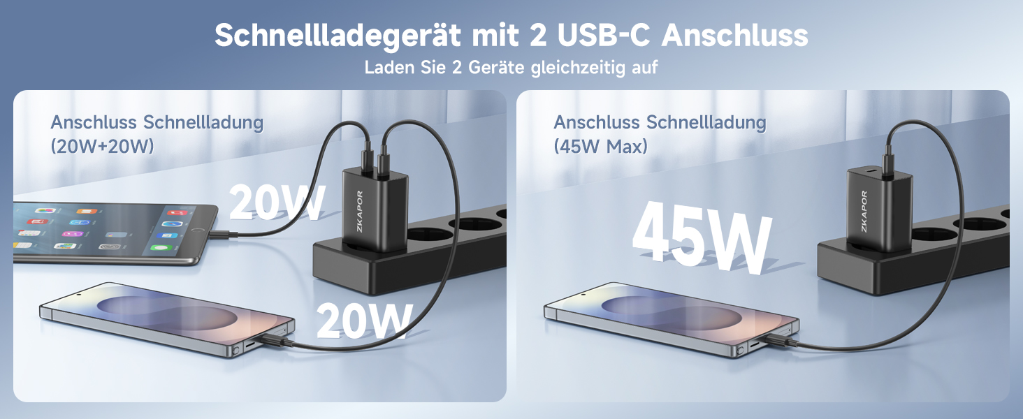 Зарядний пристрій ZKAPOR з 4 USB-C портами, 45W, білий (PD+QC)