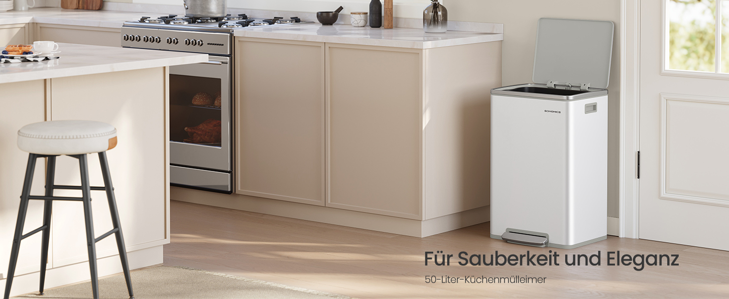 Відро для сміття SONGMICS 50 л, нержавіюча сталь, знімний внутрішній відро, Soft-Close, білий (LTB595E01)