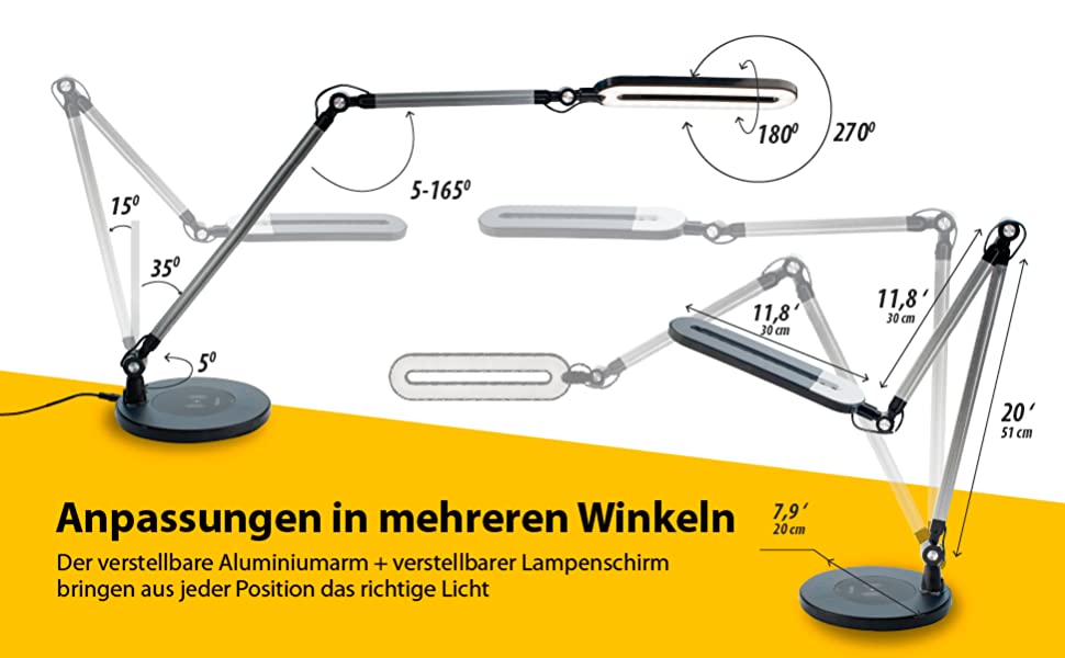 LED лампа для столу OTUS з регулюванням яскравості та бездротовою зарядкою (Qi) | Регульована настільна лампа з 3 кольоровими режимами та 12 рівнями яскравості | Захищає зір для дому та офісу