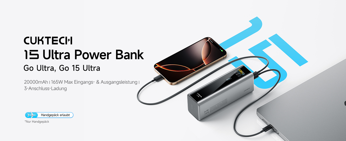Power Bank CUKTECH 15 Ultra 20000mAh 165W з PD 3.1 та цифровим дисплеєм. Сумісний з iPhone, MacBook Pro, Samsung та іншими пристроями.